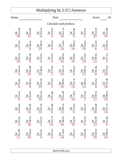 The Multiplying (1 to 9) by 2 (81 Questions) (C) Math Worksheet Page 2