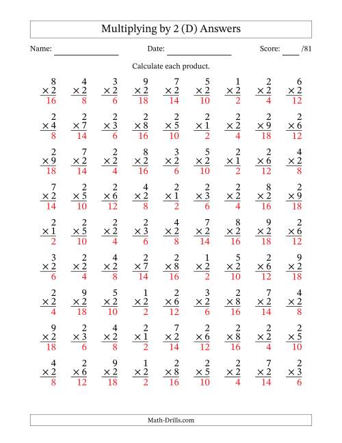 The Multiplying (1 to 9) by 2 (81 Questions) (D) Math Worksheet Page 2