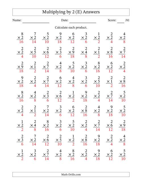 The Multiplying (1 to 9) by 2 (81 Questions) (E) Math Worksheet Page 2