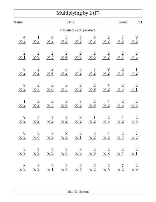 The Multiplying (1 to 9) by 2 (81 Questions) (F) Math Worksheet