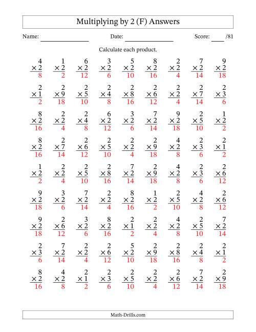 The Multiplying (1 to 9) by 2 (81 Questions) (F) Math Worksheet Page 2