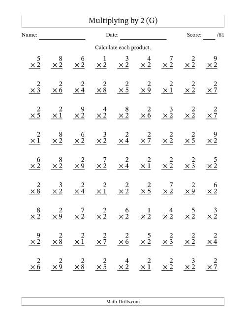 The Multiplying (1 to 9) by 2 (81 Questions) (G) Math Worksheet