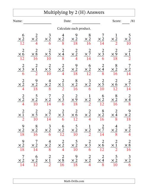 The Multiplying (1 to 9) by 2 (81 Questions) (H) Math Worksheet Page 2