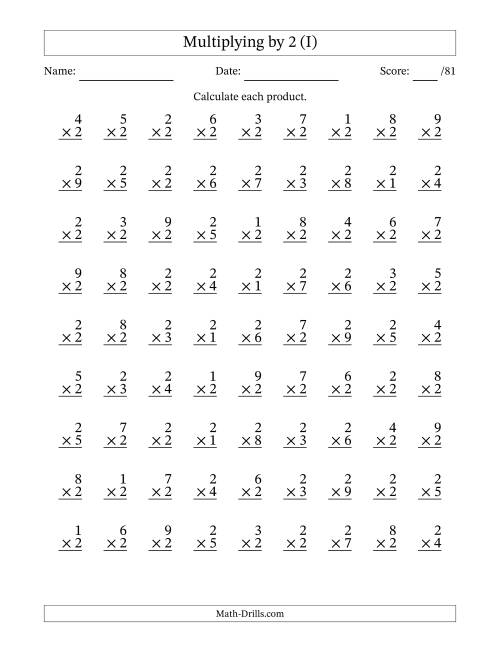 The Multiplying (1 to 9) by 2 (81 Questions) (I) Math Worksheet