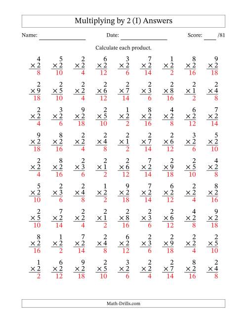 The Multiplying (1 to 9) by 2 (81 Questions) (I) Math Worksheet Page 2