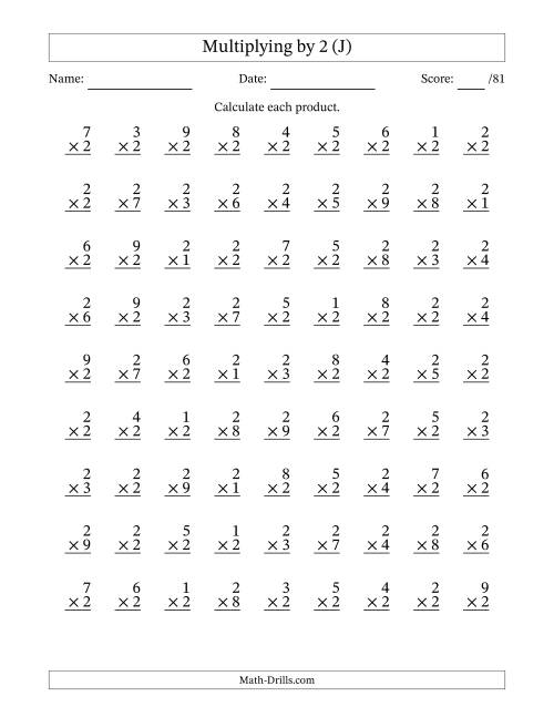 The Multiplying (1 to 9) by 2 (81 Questions) (J) Math Worksheet