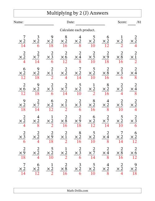 The Multiplying (1 to 9) by 2 (81 Questions) (J) Math Worksheet Page 2