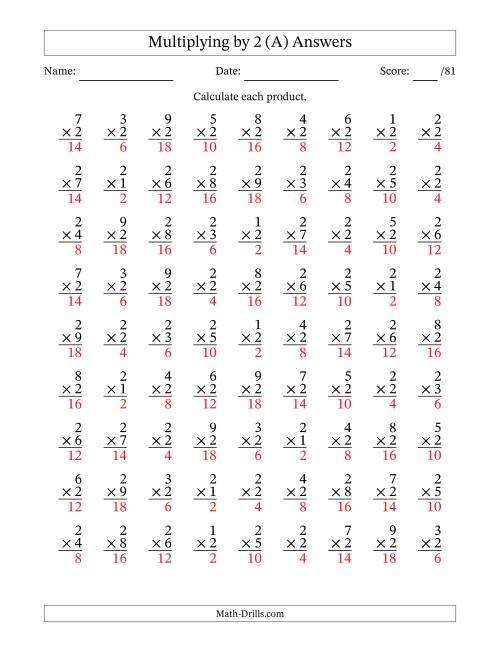 The Multiplying (1 to 9) by 2 (81 Questions) (All) Math Worksheet Page 2