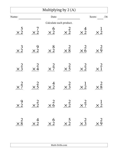 The Multiplying (1 to 9) by 2 (36 Questions) (A) Math Worksheet