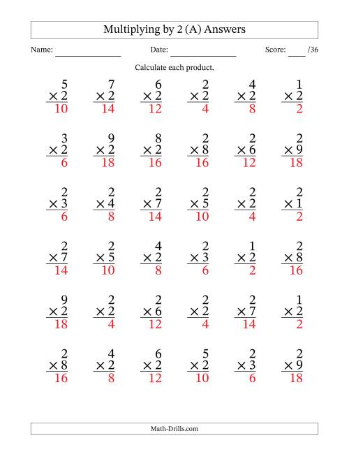 The Multiplying (1 to 9) by 2 (36 Questions) (A) Math Worksheet Page 2