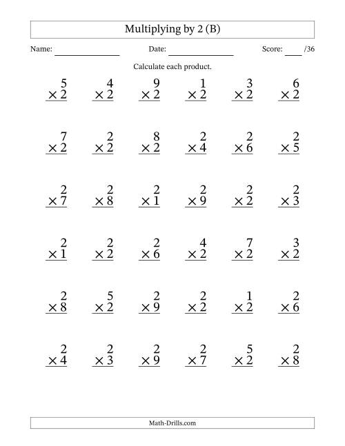 The Multiplying (1 to 9) by 2 (36 Questions) (B) Math Worksheet