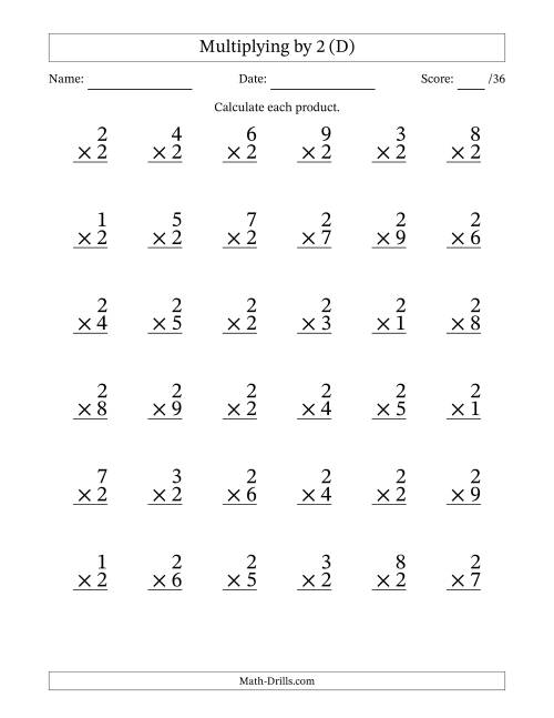 The Multiplying (1 to 9) by 2 (36 Questions) (D) Math Worksheet