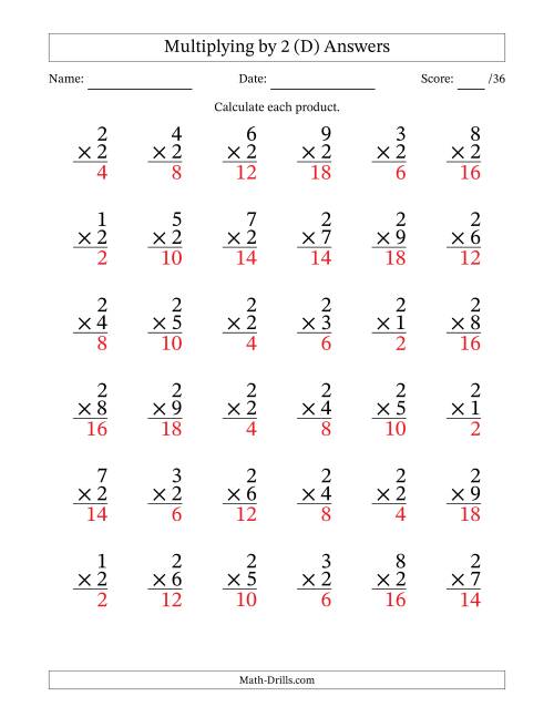 The Multiplying (1 to 9) by 2 (36 Questions) (D) Math Worksheet Page 2