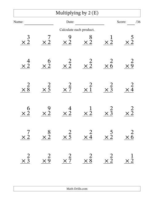 The Multiplying (1 to 9) by 2 (36 Questions) (E) Math Worksheet