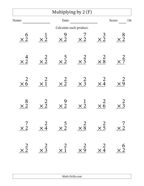 The Multiplying (1 to 9) by 2 (36 Questions) (F) Math Worksheet