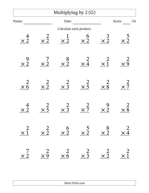 The Multiplying (1 to 9) by 2 (36 Questions) (G) Math Worksheet