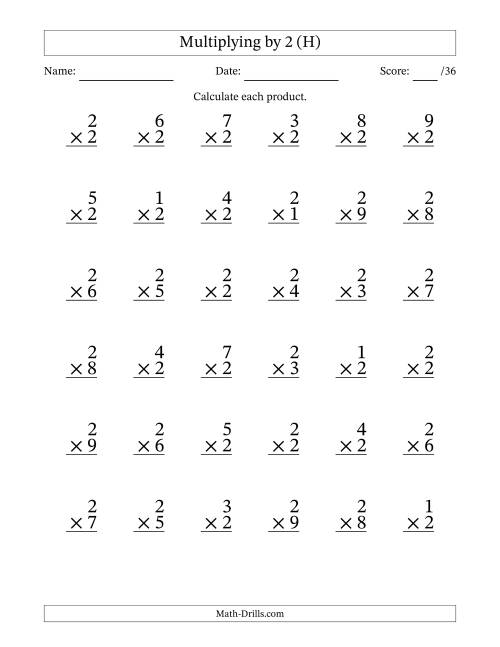 The Multiplying (1 to 9) by 2 (36 Questions) (H) Math Worksheet