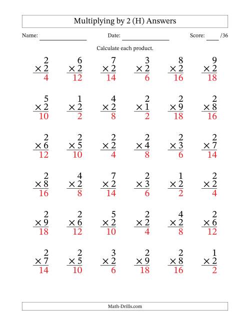 The Multiplying (1 to 9) by 2 (36 Questions) (H) Math Worksheet Page 2
