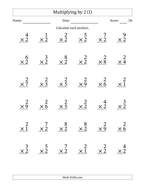 The Multiplying (1 to 9) by 2 (36 Questions) (I) Math Worksheet