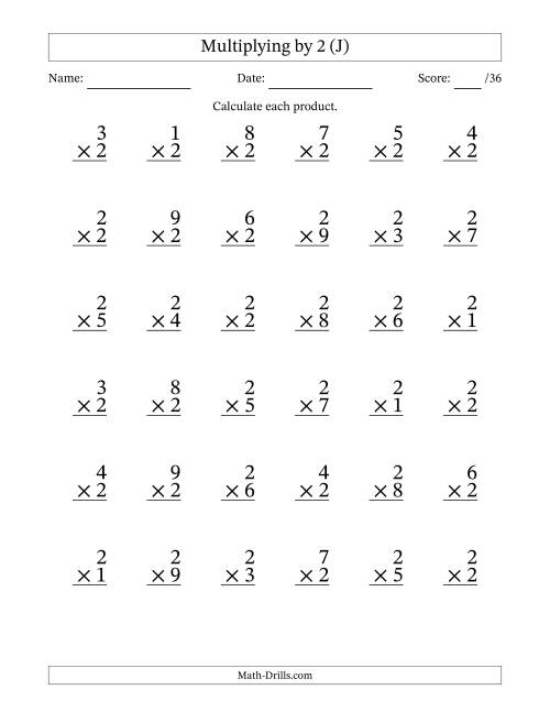 The Multiplying (1 to 9) by 2 (36 Questions) (J) Math Worksheet