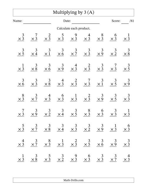 The Multiplying (1 to 9) by 3 (81 Questions) (A) Math Worksheet
