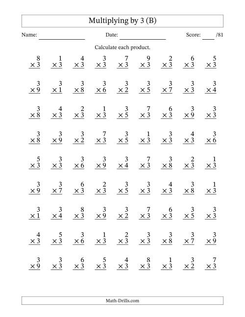 The Multiplying (1 to 9) by 3 (81 Questions) (B) Math Worksheet