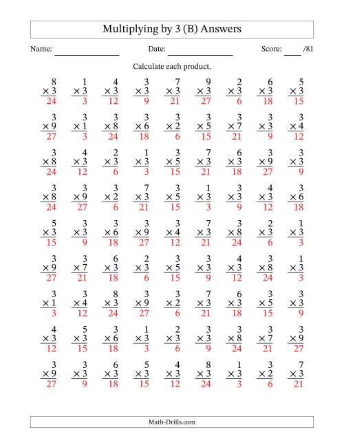 The Multiplying (1 to 9) by 3 (81 Questions) (B) Math Worksheet Page 2
