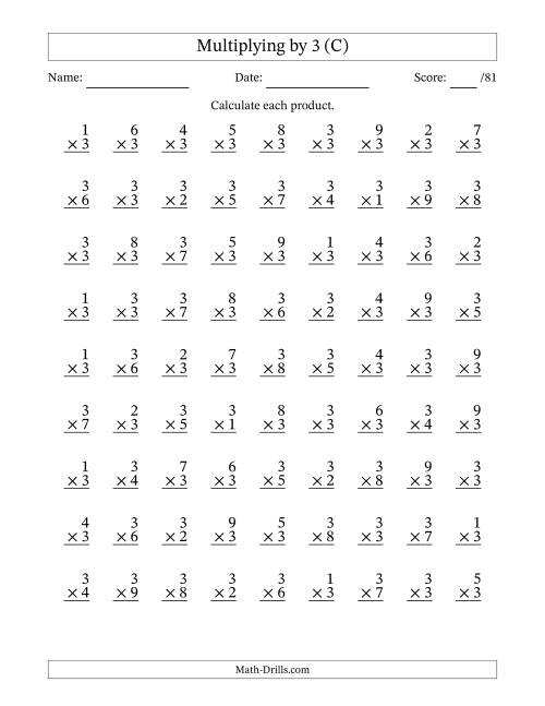 The Multiplying (1 to 9) by 3 (81 Questions) (C) Math Worksheet