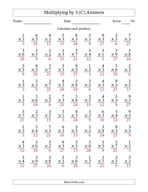 The Multiplying (1 to 9) by 3 (81 Questions) (C) Math Worksheet Page 2