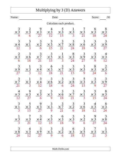 The Multiplying (1 to 9) by 3 (81 Questions) (D) Math Worksheet Page 2