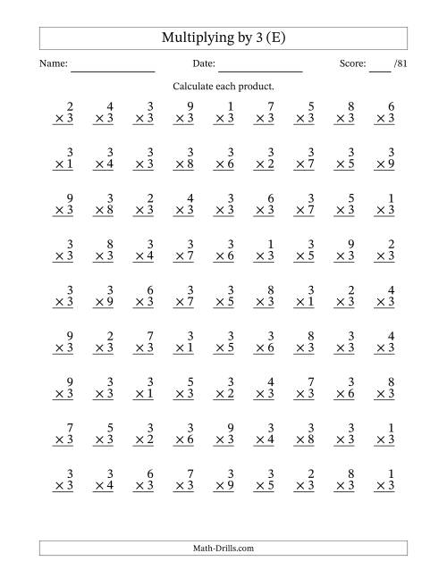 The Multiplying (1 to 9) by 3 (81 Questions) (E) Math Worksheet