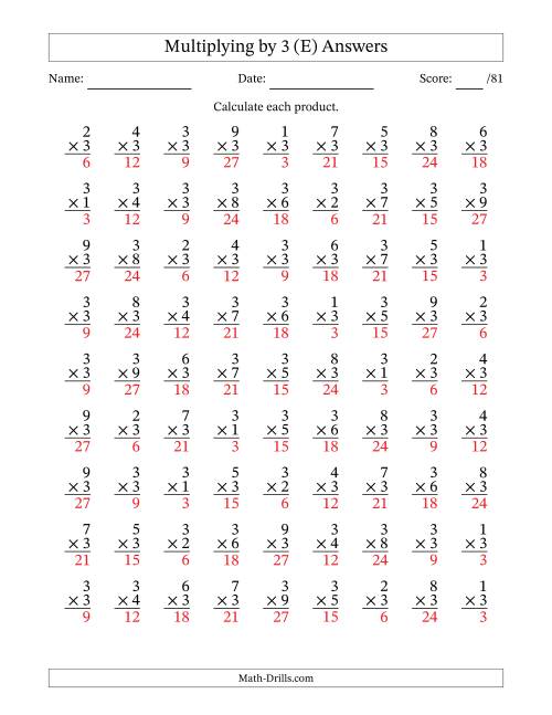 The Multiplying (1 to 9) by 3 (81 Questions) (E) Math Worksheet Page 2