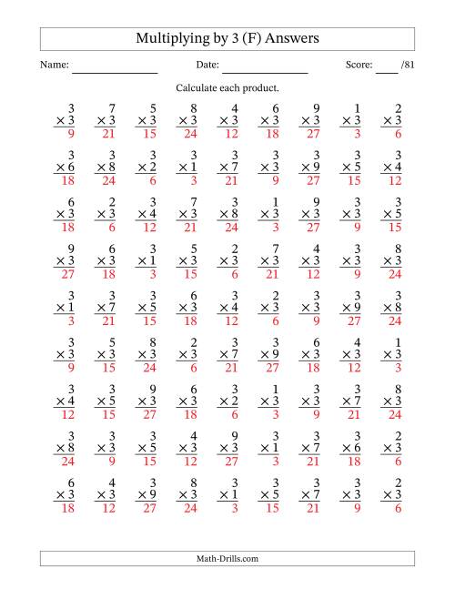 The Multiplying (1 to 9) by 3 (81 Questions) (F) Math Worksheet Page 2