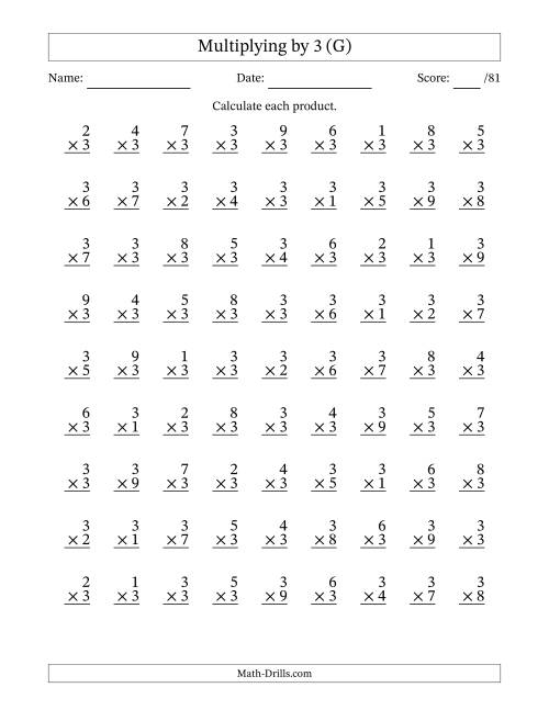 The Multiplying (1 to 9) by 3 (81 Questions) (G) Math Worksheet