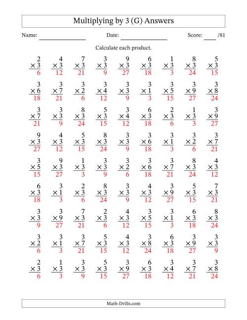 The Multiplying (1 to 9) by 3 (81 Questions) (G) Math Worksheet Page 2