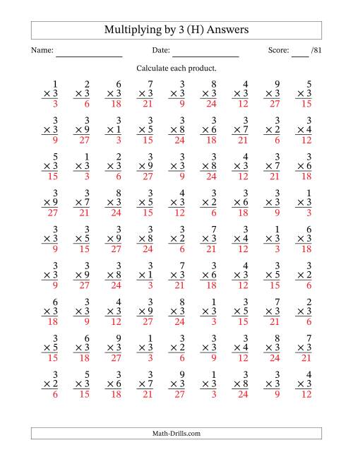 The Multiplying (1 to 9) by 3 (81 Questions) (H) Math Worksheet Page 2