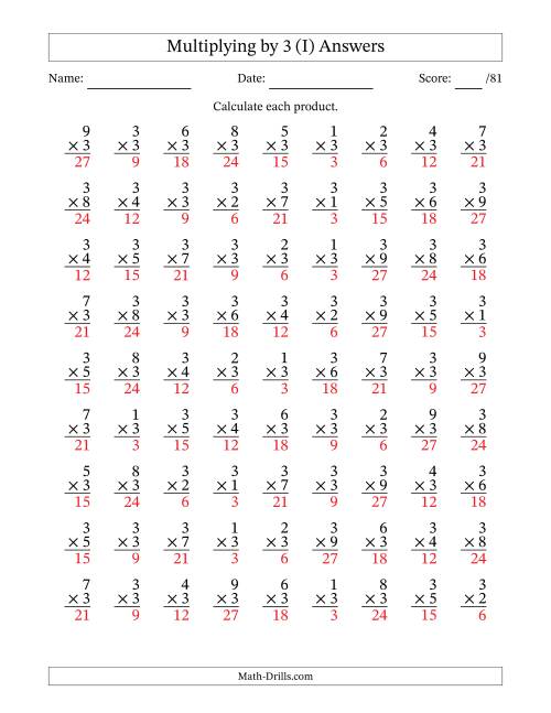 The Multiplying (1 to 9) by 3 (81 Questions) (I) Math Worksheet Page 2