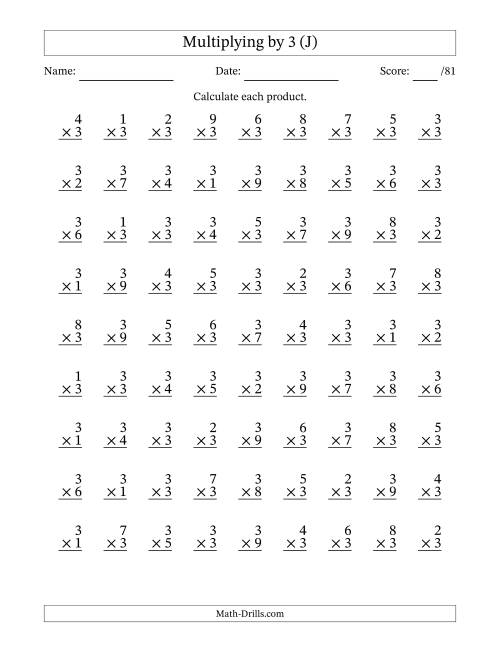 The Multiplying (1 to 9) by 3 (81 Questions) (J) Math Worksheet