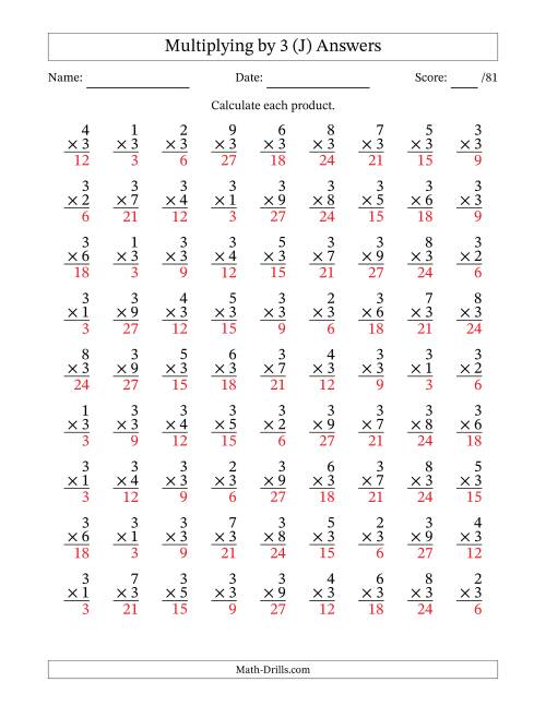 The Multiplying (1 to 9) by 3 (81 Questions) (J) Math Worksheet Page 2