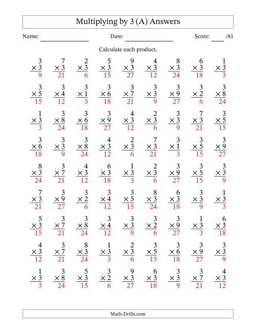 The Multiplying (1 to 9) by 3 (81 Questions) (All) Math Worksheet Page 2
