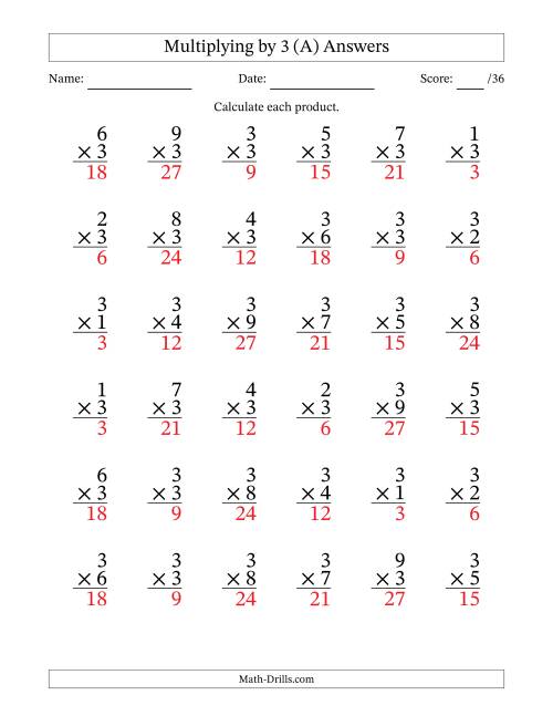 The Multiplying (1 to 9) by 3 (36 Questions) (A) Math Worksheet Page 2