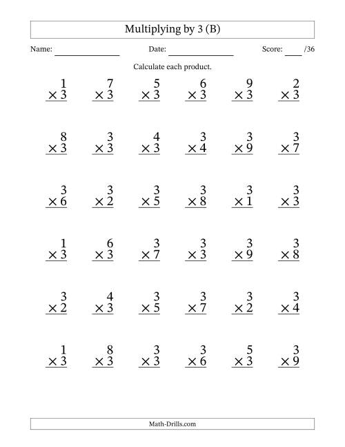 The Multiplying (1 to 9) by 3 (36 Questions) (B) Math Worksheet