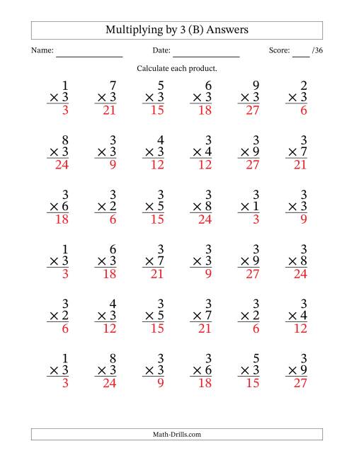 The Multiplying (1 to 9) by 3 (36 Questions) (B) Math Worksheet Page 2
