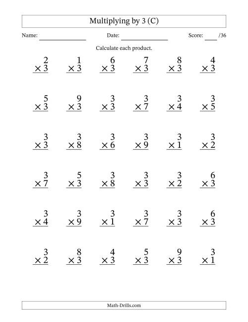 The Multiplying (1 to 9) by 3 (36 Questions) (C) Math Worksheet