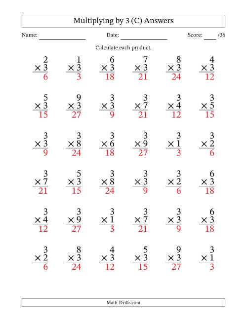 The Multiplying (1 to 9) by 3 (36 Questions) (C) Math Worksheet Page 2