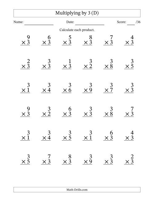 The Multiplying (1 to 9) by 3 (36 Questions) (D) Math Worksheet