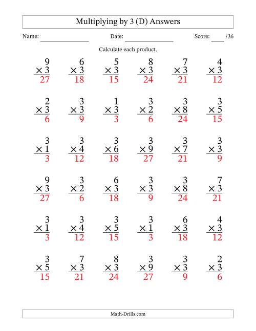 The Multiplying (1 to 9) by 3 (36 Questions) (D) Math Worksheet Page 2