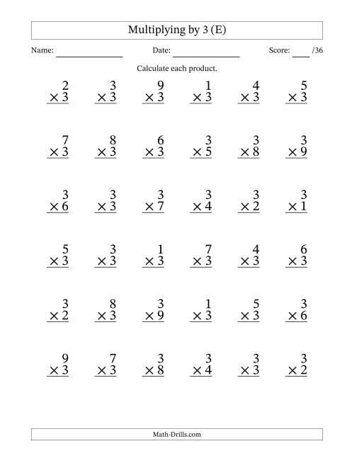 The Multiplying (1 to 9) by 3 (36 Questions) (E) Math Worksheet