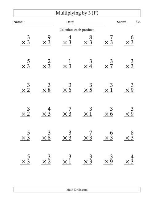 The Multiplying (1 to 9) by 3 (36 Questions) (F) Math Worksheet