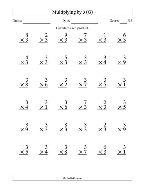 The Multiplying (1 to 9) by 3 (36 Questions) (G) Math Worksheet